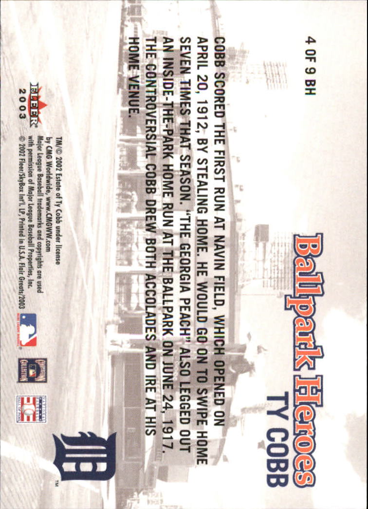 2003 Flair Greats Ballpark Heroes #4 Ty Cobb back image