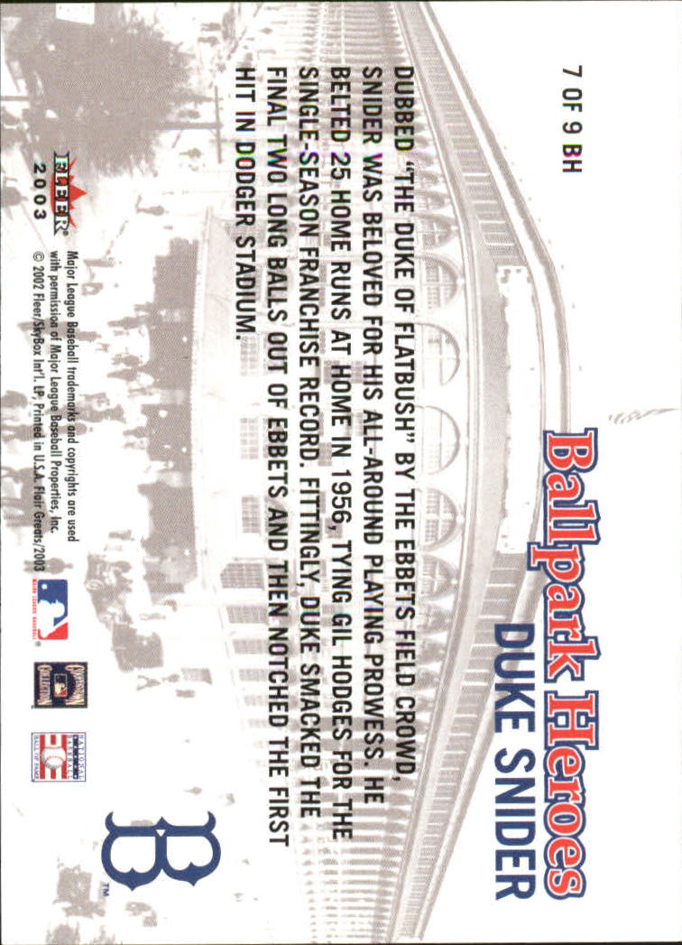 2003 Flair Greats Ballpark Heroes #7 Duke Snider back image