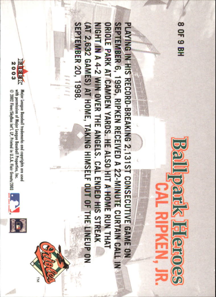 2003 Flair Greats Ballpark Heroes #8 Cal Ripken back image