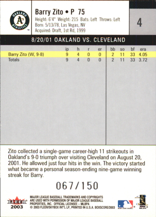 2003 Fleer Box Score First Edition #4 Barry Zito back image