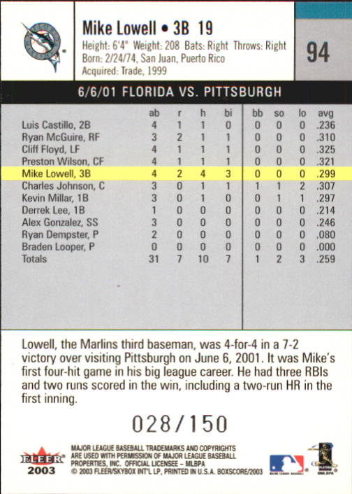 2003 Fleer Box Score First Edition #94 Mike Lowell back image