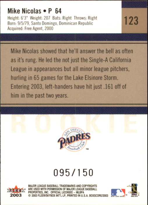 2003 Fleer Box Score First Edition #123 Mike Nicolas ROO back image