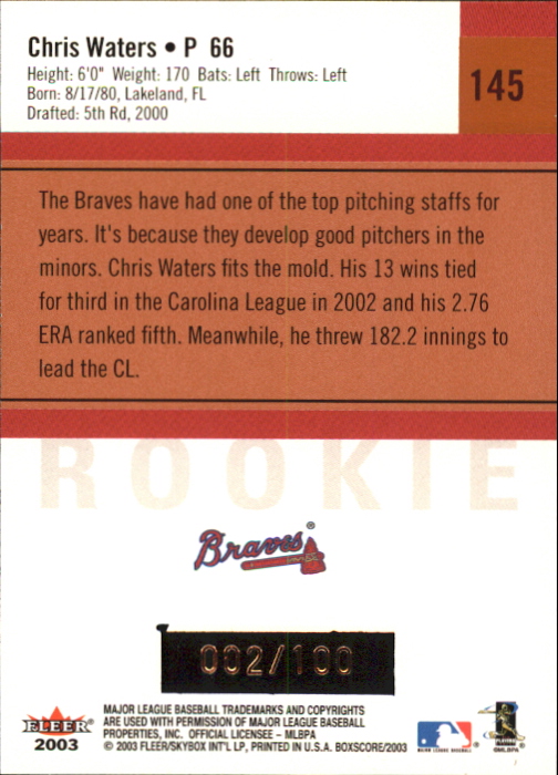 2003 Fleer Box Score First Edition #145 Chris Waters RS back image