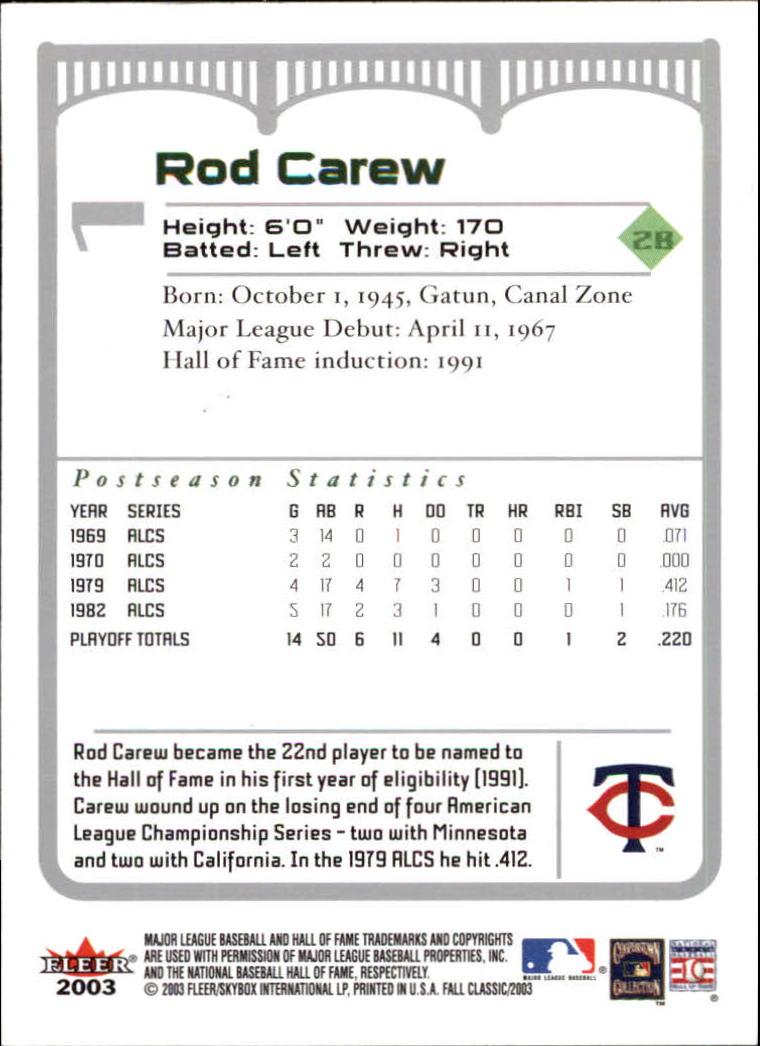 2003 Fleer Fall Classics #1 Rod Carew back image