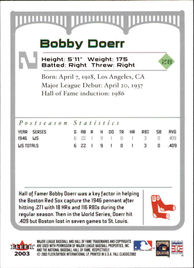 2003 Fleer Fall Classics #2 Bobby Doerr back image