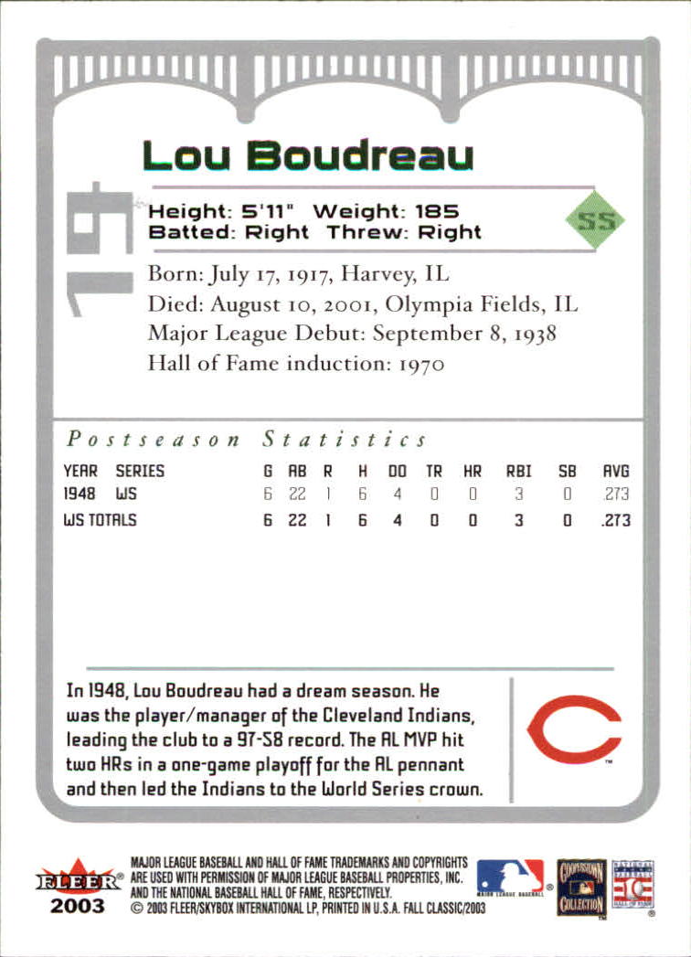 2003 Fleer Fall Classics #19 Lou Boudreau back image
