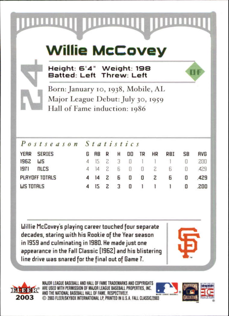 2003 Fleer Fall Classics #24 Willie McCovey back image