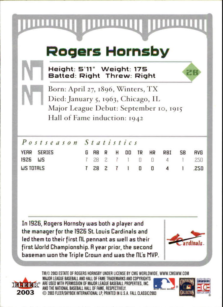 2003 Fleer Fall Classics #33A Rogers Hornsby Cards back image