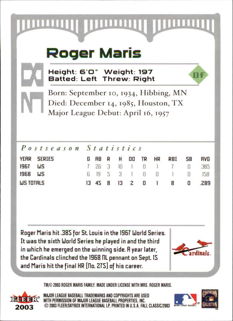 2003 Fleer Fall Classics #38A Roger Maris Cards back image