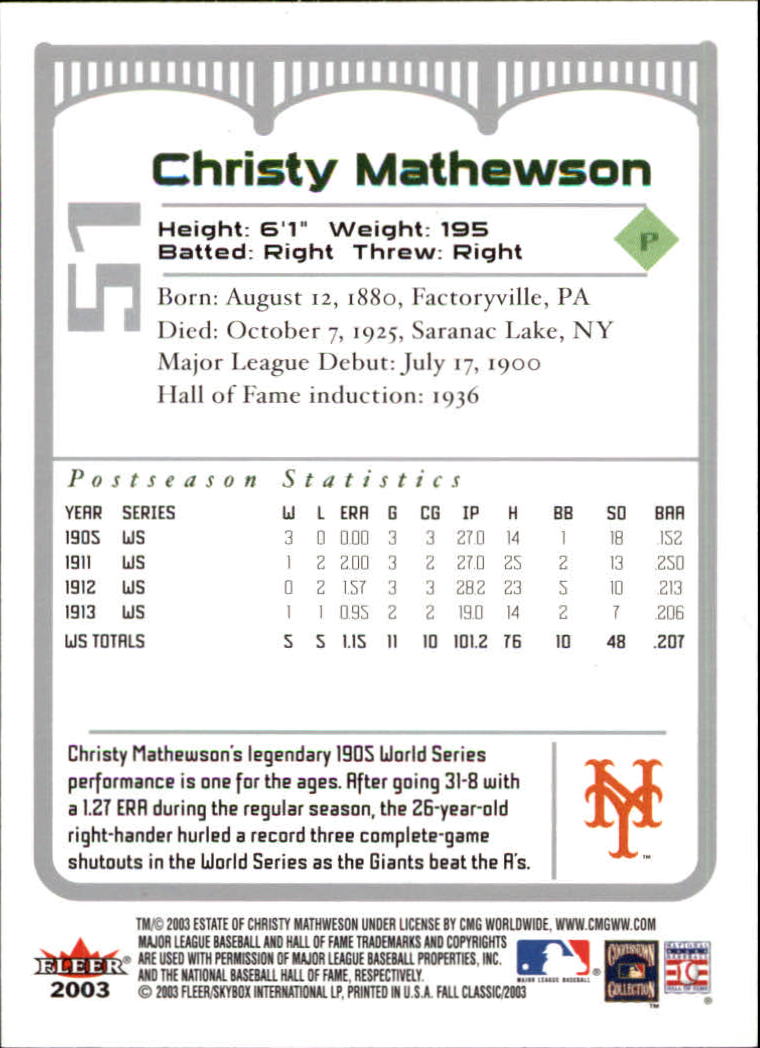 2003 Fleer Fall Classics #51 Christy Mathewson back image