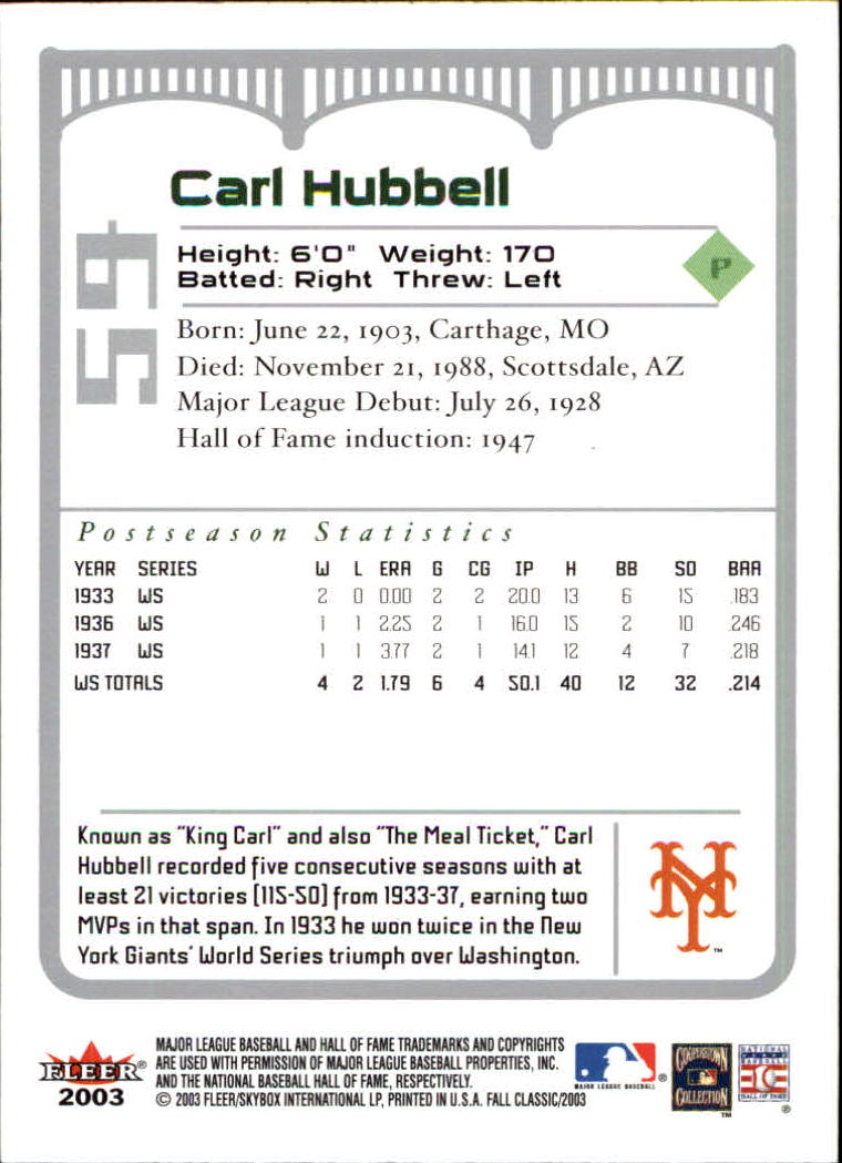 2003 Fleer Fall Classics #59 Carl Hubbell back image