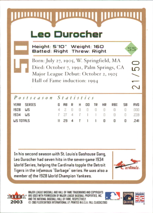2003 Fleer Fall Classics Championship Gold #50B Leo Durocher Giants back image