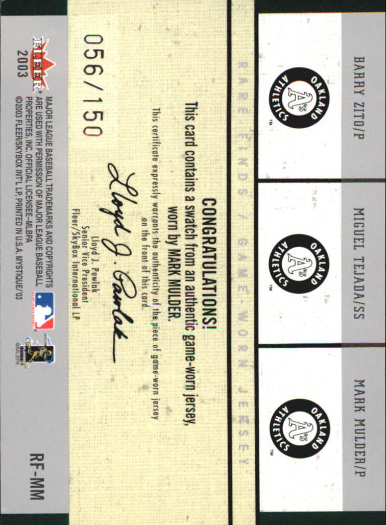 2003 Fleer Mystique Rare Finds Single Swatch #MM Mark Mulder Jsy