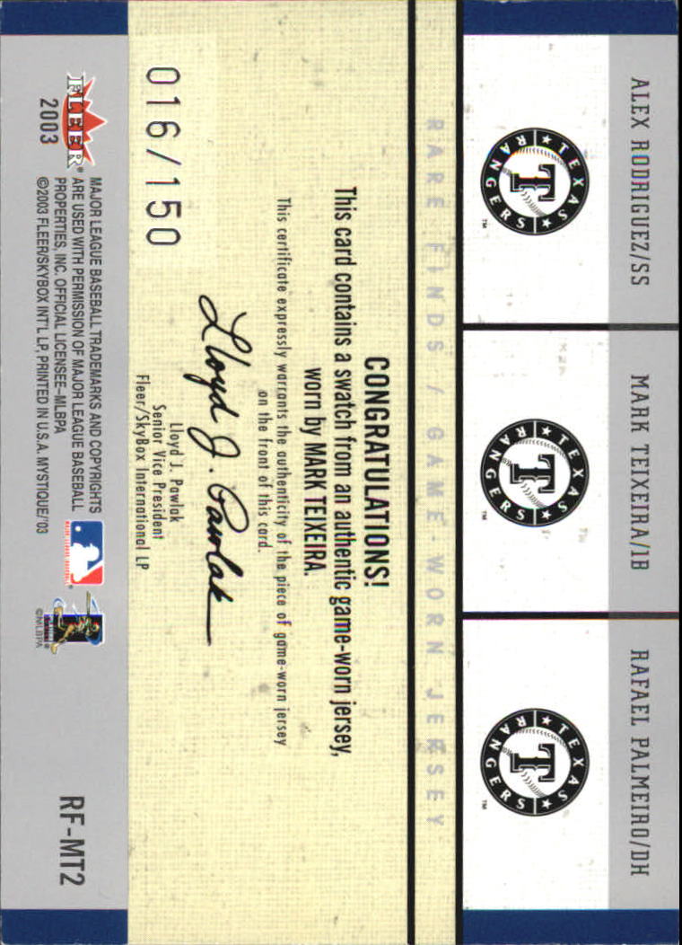 2003 Fleer Mystique Rare Finds Single Swatch #MTX Mark Teixeira Jsy