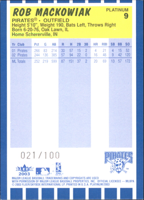 2003 Fleer Platinum Finish #9 Rob Mackowiak back image
