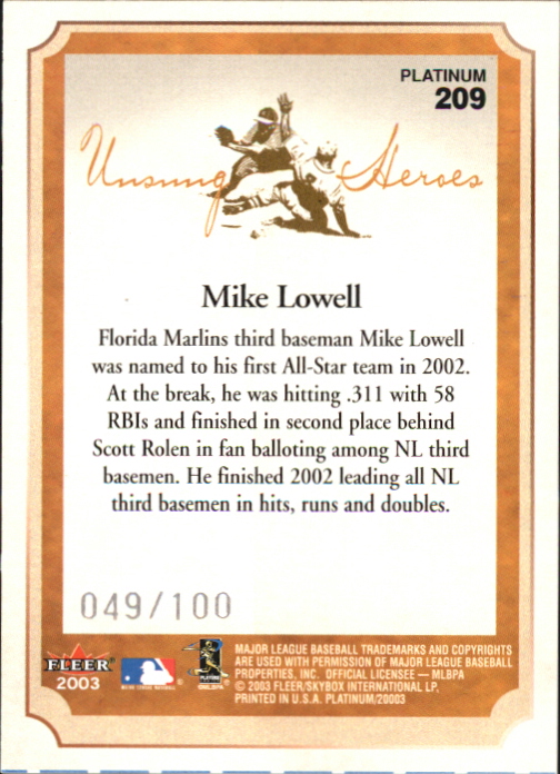 2003 Fleer Platinum Finish #209 Mike Lowell UH back image
