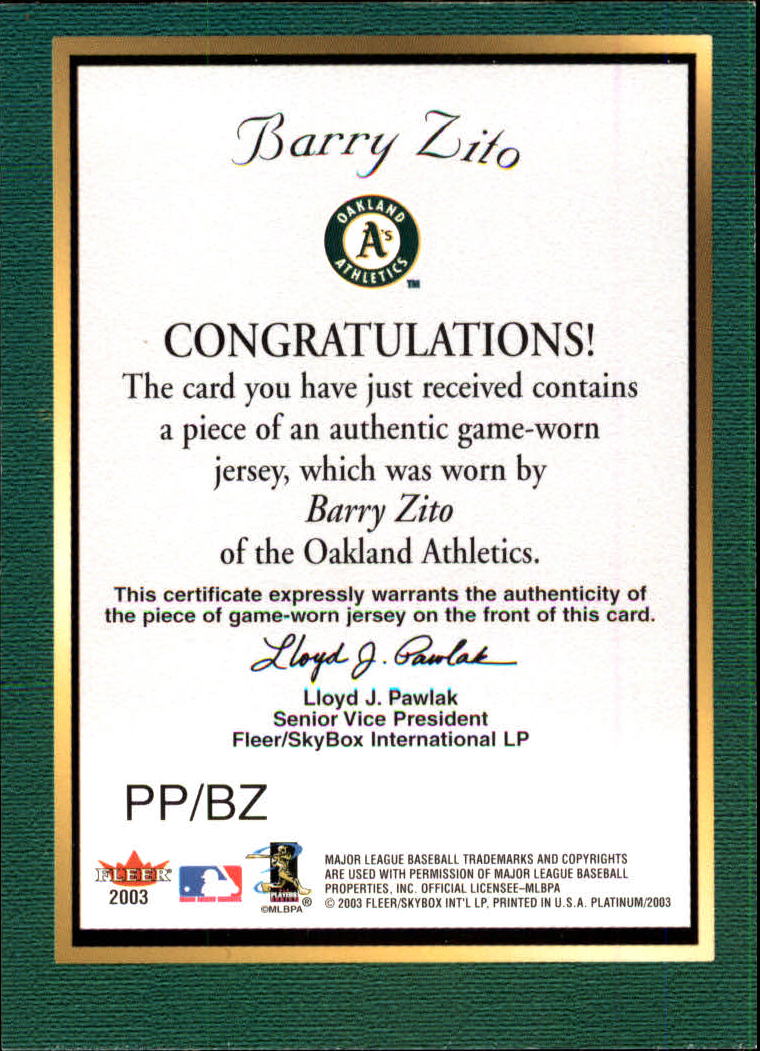 2003 Fleer Platinum Portraits Game Jersey #PPBZ Barry Zito back image
