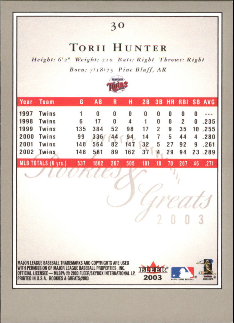 2003 Fleer Rookies and Greats #30 Torii Hunter back image