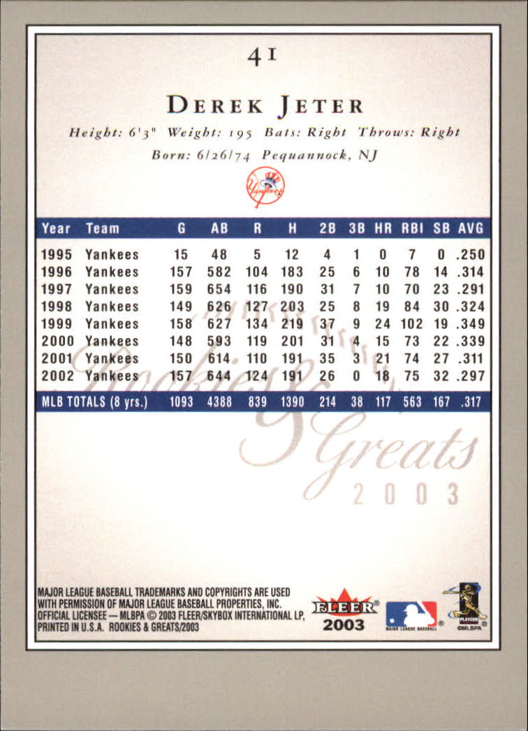2003 Fleer Rookies and Greats #41 Derek Jeter back image