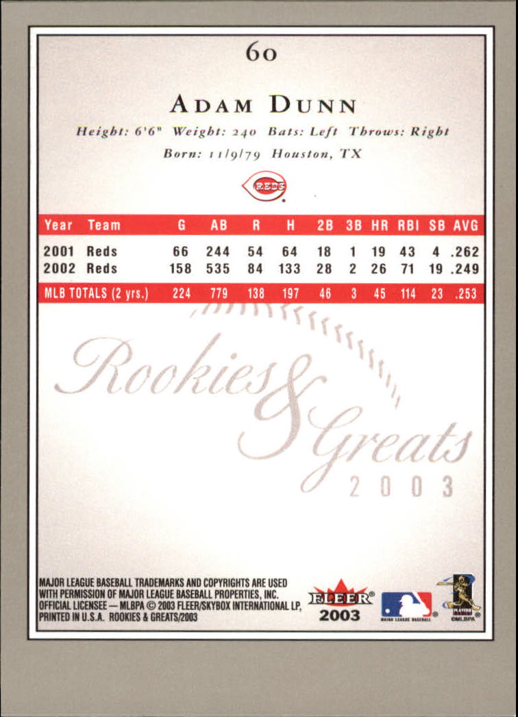 2003 Fleer Rookies and Greats #60 Adam Dunn back image