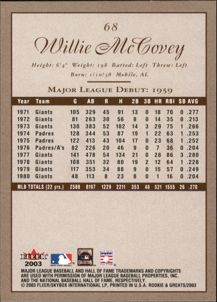 2003 Fleer Rookies and Greats #68 Willie McCovey GR back image