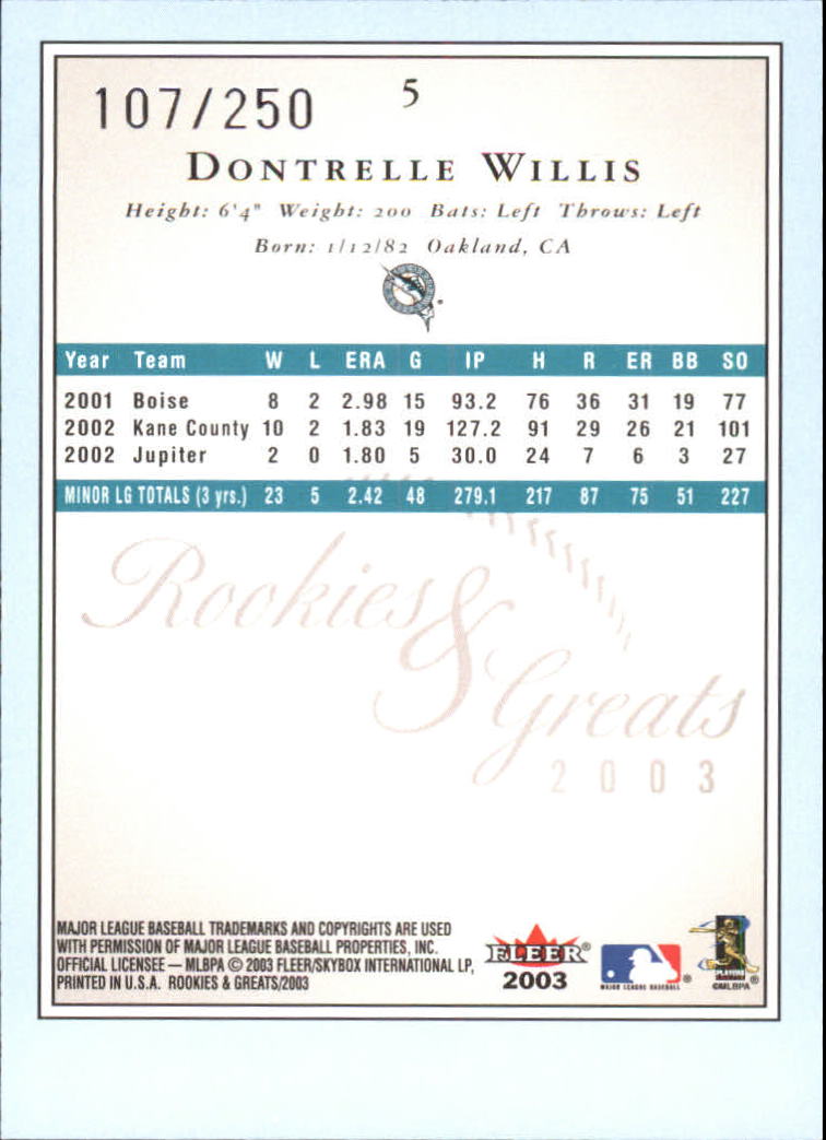 2003 Fleer Rookies and Greats Blue #5 Dontrelle Willis back image