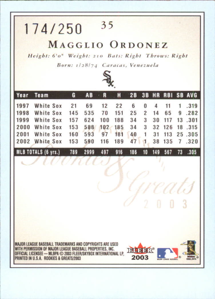2003 Fleer Rookies and Greats Blue #35 Magglio Ordonez back image