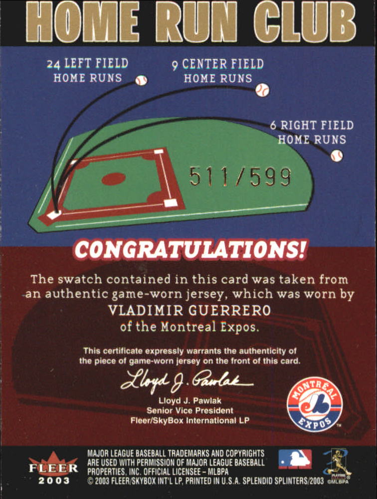 2003 Fleer Splendid Splinters Home Run Club Memorabilia #7 Vladimir Guerrero Jsy back image