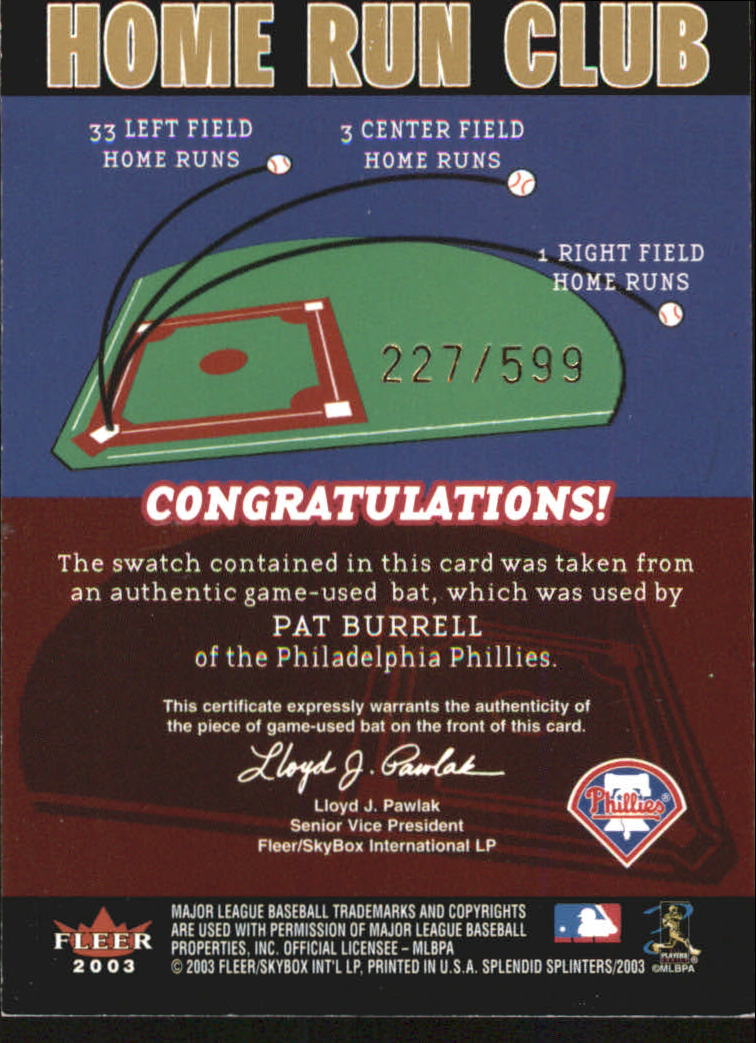 2003 Fleer Splendid Splinters Home Run Club Memorabilia #10 Pat Burrell Bat back image