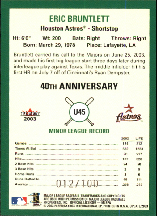 2003 Fleer Tradition Update Glossy #45 Eric Bruntlett back image