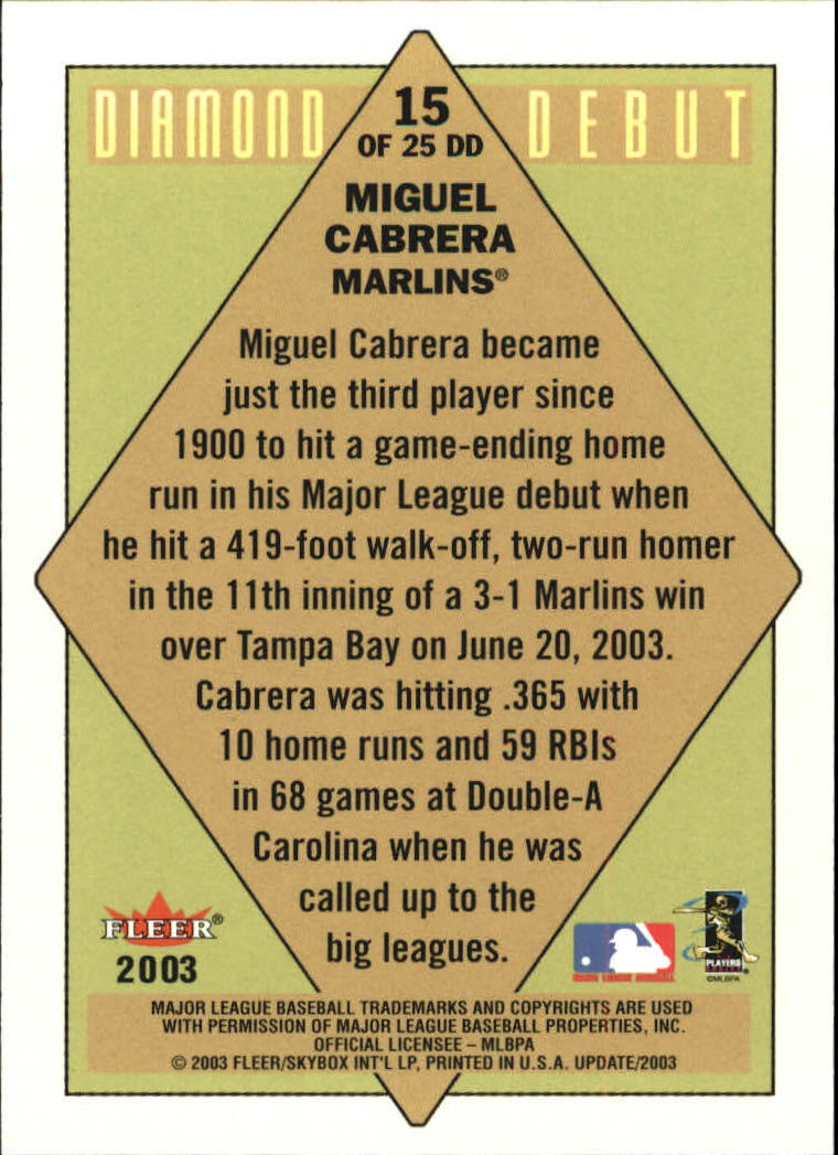 2003 Fleer Tradition Update Diamond Debuts #15 Miguel Cabrera back image