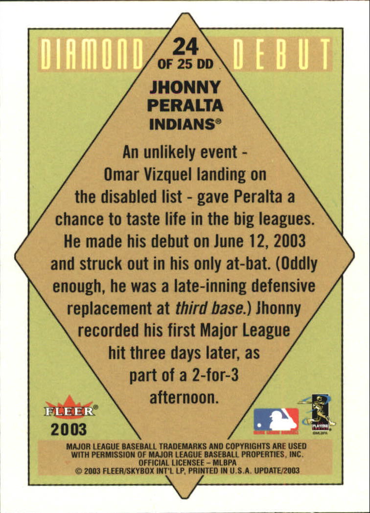 2003 Fleer Tradition Update Diamond Debuts #24 Jhonny Peralta back image