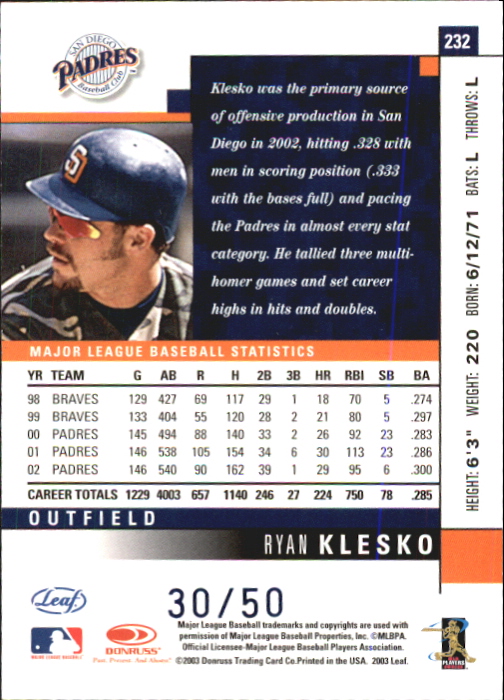 2003 Leaf Press Proofs Blue #232 Ryan Klesko back image