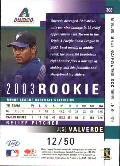 2003 Leaf Press Proofs Blue #308 Jose Valverde ROO back image