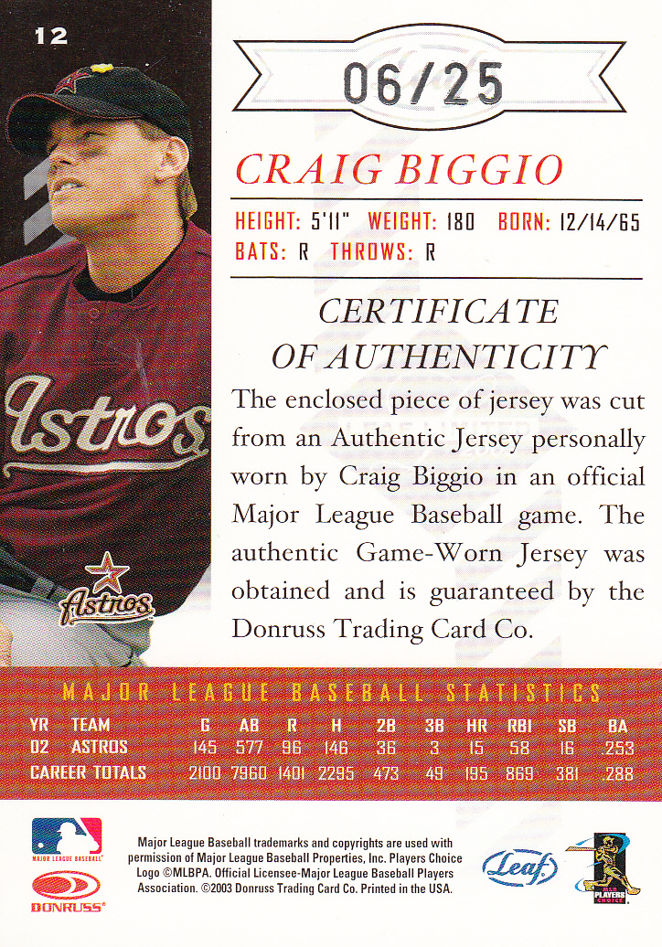 2003 Leaf Limited Threads #12 Craig Biggio H/25 back image