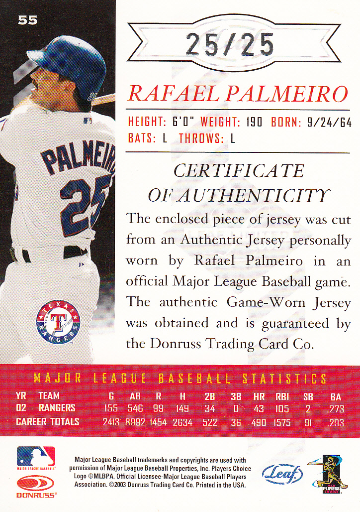 2003 Leaf Limited Threads #55 R.Palmeiro Rgr A/25 back image