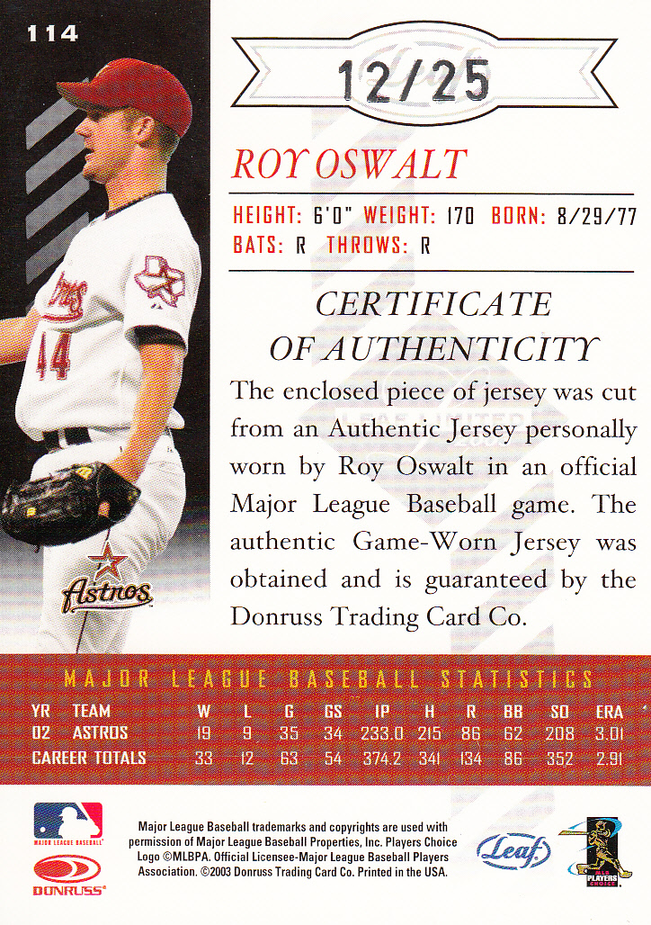 2003 Leaf Limited Threads #114 Roy Oswalt H/25 back image