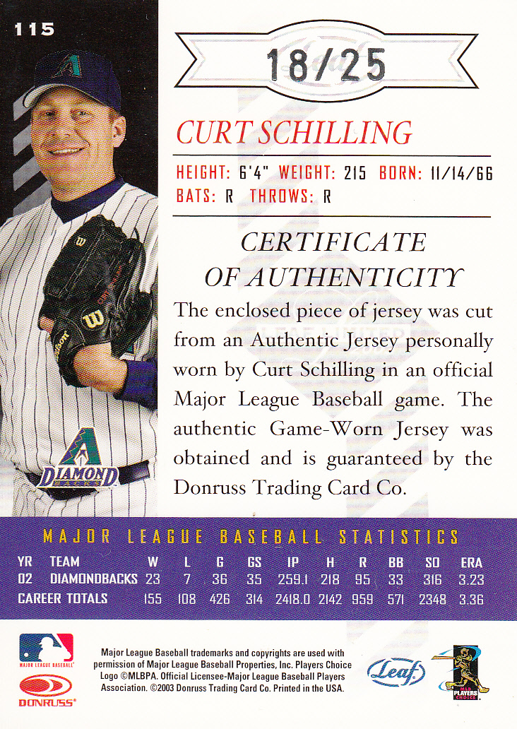 2003 Leaf Limited Threads #115 C.Schill D'backs Throw/25 back image