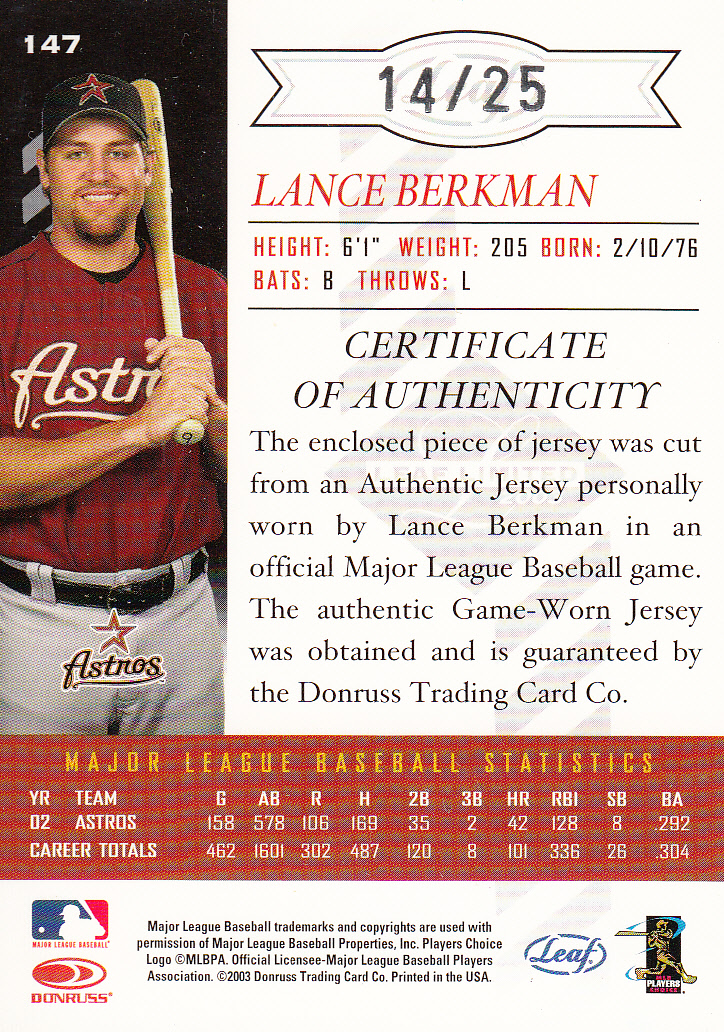 2003 Leaf Limited Threads #147 Lance Berkman Socks/25 back image