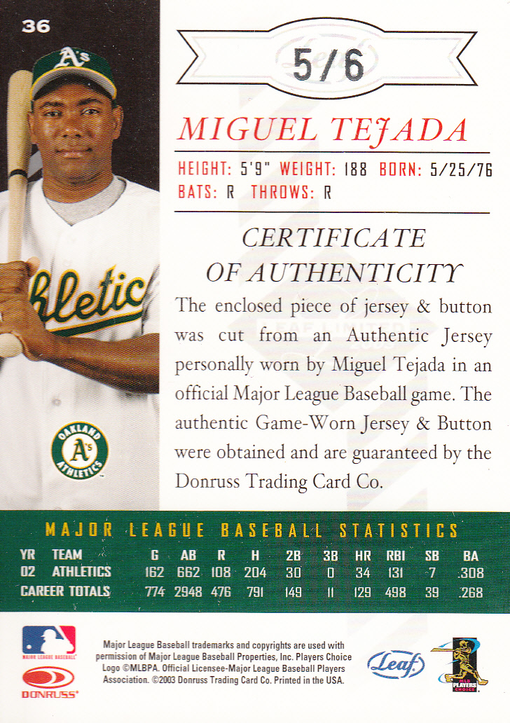 2003 Leaf Limited Threads Button #36 Miguel Tejada Btg back image