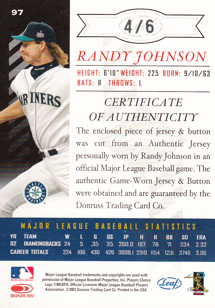 2003 Leaf Limited Threads Button #97 R.Johnson M's Arm Up back image