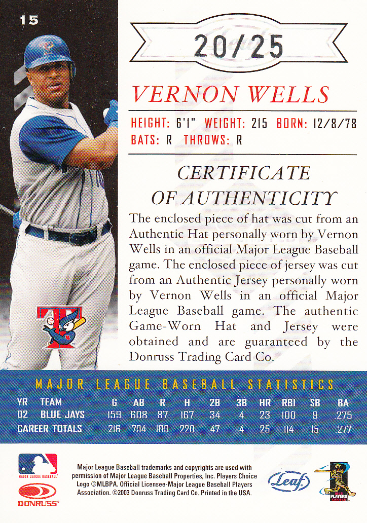 2003 Leaf Limited Threads Double #15 Vernon Wells Hat-Jsy/25 back image