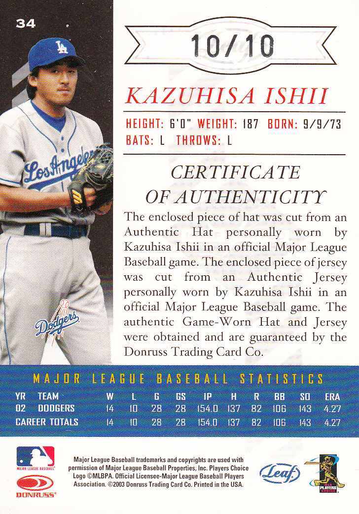 2003 Leaf Limited Threads Double Prime #34 Kazuhisa Ishii H Hat-Jsy/10 back image