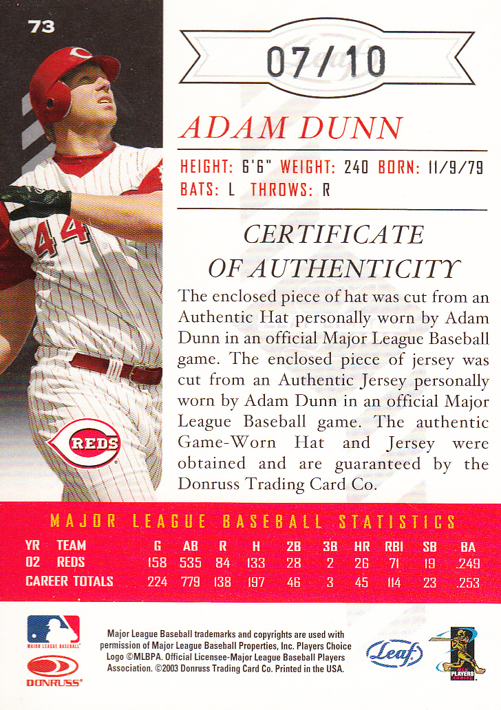 2003 Leaf Limited Threads Double Prime #73 Adam Dunn A Hat-Jsy/10 back image