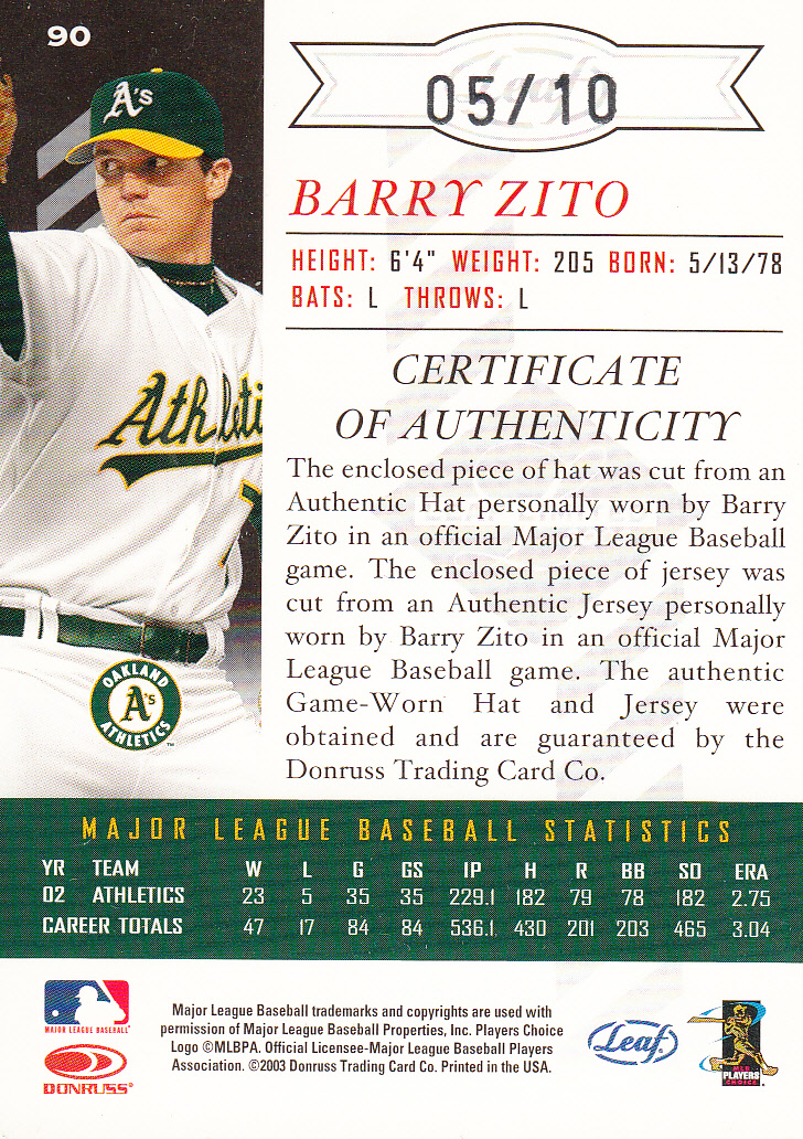 2003 Leaf Limited Threads Double Prime #90 Barry Zito A Hat-Jsy/10 back image