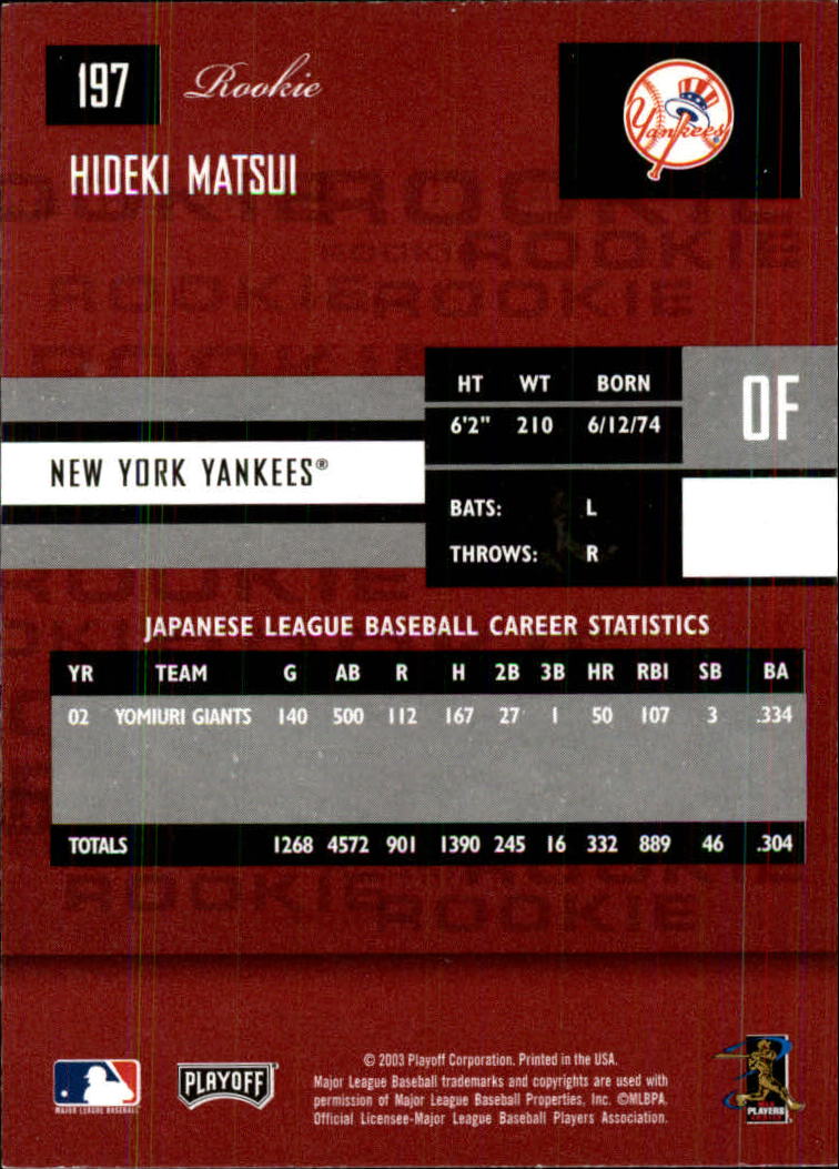 2003 Playoff Prestige #197 Hideki Matsui ROO RC back image