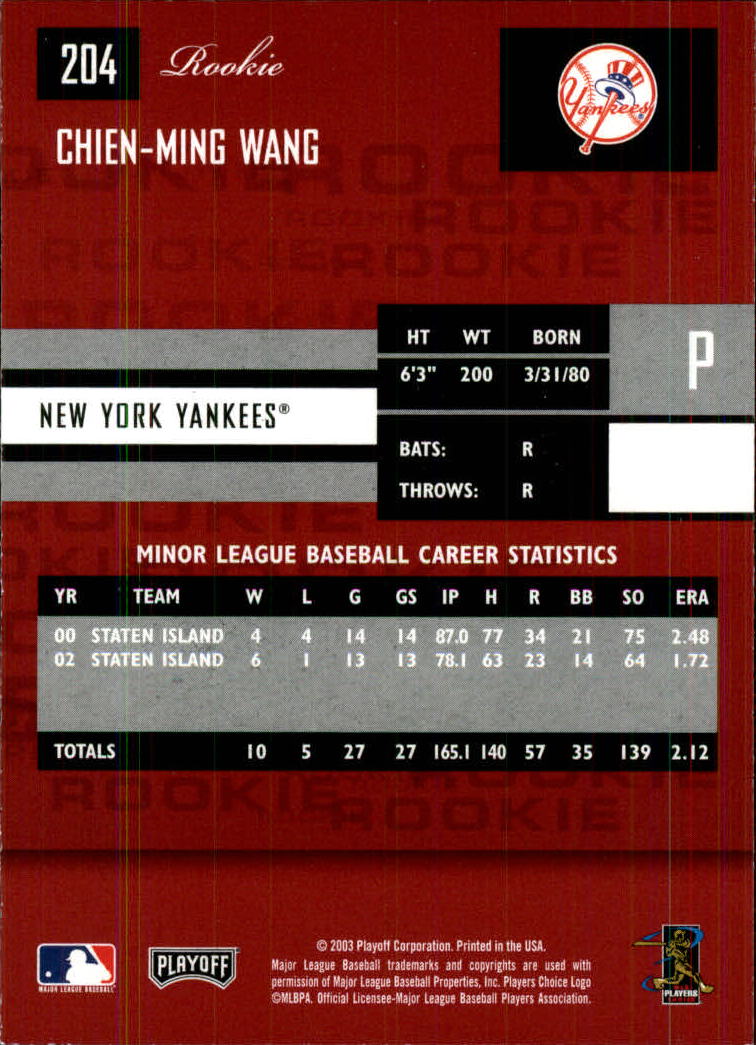 2003 Playoff Prestige #204 Chien-Ming Wang ROO RC back image