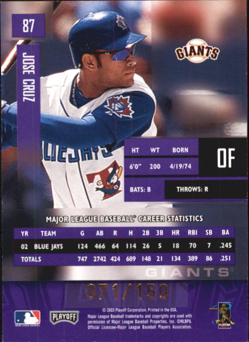 2003 Playoff Prestige Xtra Points Purple #87 Jose Cruz back image