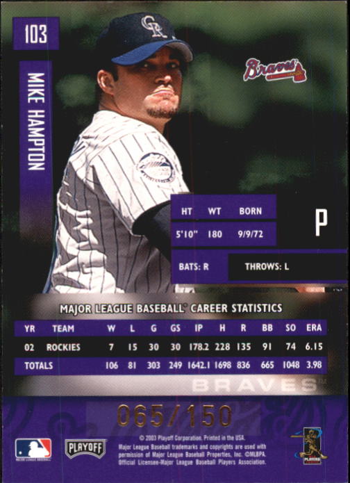 2003 Playoff Prestige Xtra Points Purple #103 Mike Hampton back image
