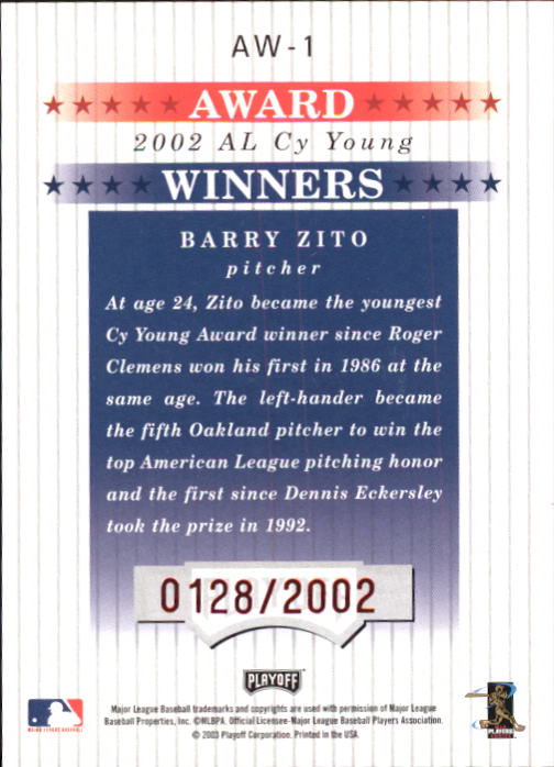 2003 Playoff Prestige Award Winners #1 Barry Zito CY/2002 back image